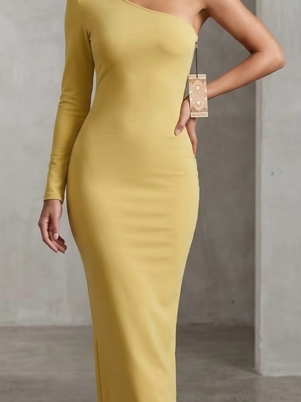 Boohoo One-Shoulder Long Sleeve Mustard Bodycon Dress